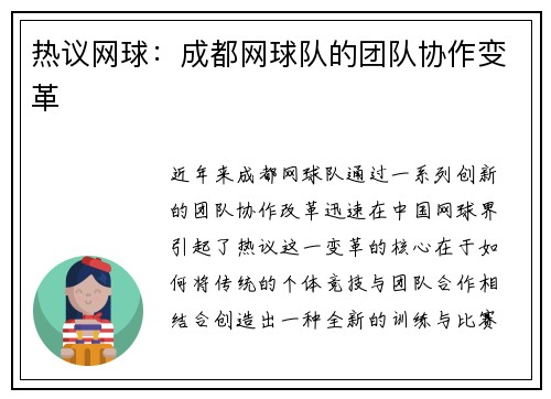 热议网球：成都网球队的团队协作变革