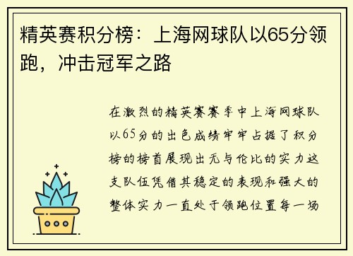 精英赛积分榜：上海网球队以65分领跑，冲击冠军之路