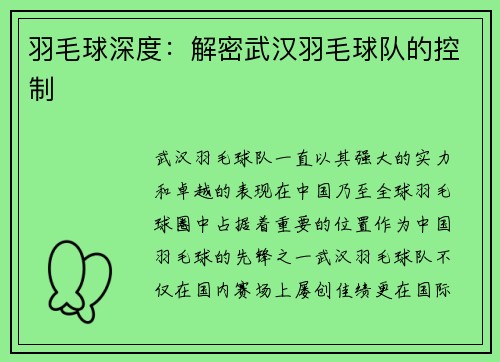 羽毛球深度：解密武汉羽毛球队的控制