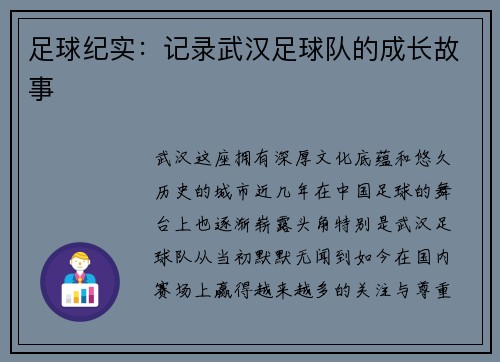 足球纪实：记录武汉足球队的成长故事
