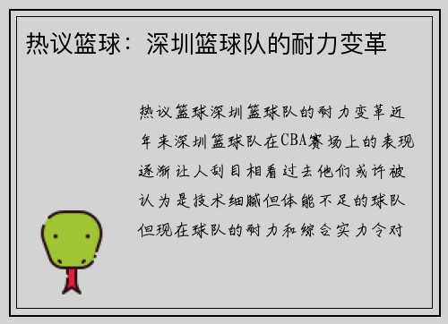 热议篮球：深圳篮球队的耐力变革