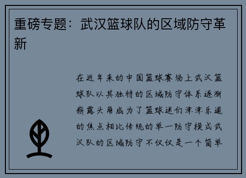 重磅专题：武汉篮球队的区域防守革新