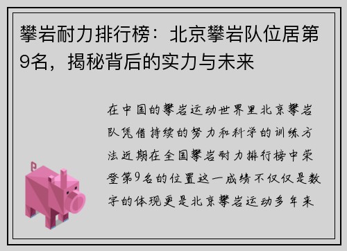攀岩耐力排行榜：北京攀岩队位居第9名，揭秘背后的实力与未来