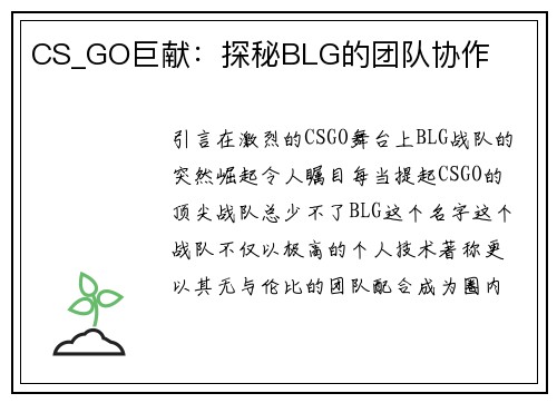 CS_GO巨献：探秘BLG的团队协作