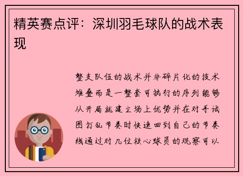 精英赛点评：深圳羽毛球队的战术表现