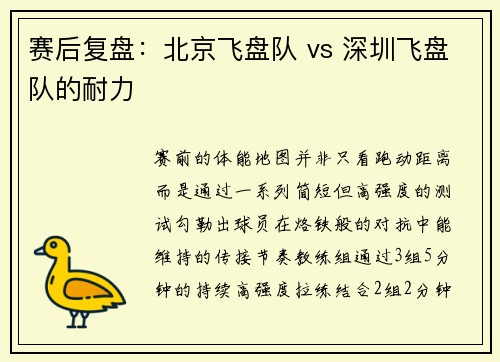 赛后复盘：北京飞盘队 vs 深圳飞盘队的耐力